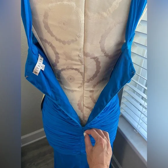 NWT, Designer 100% Silk Chiffon Blue Hi Lo Hem Evening Gown Dress, Size 8 - Picture 9 of 16